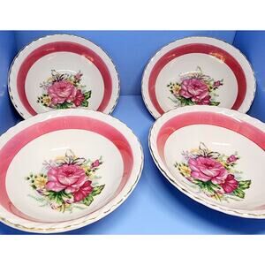 4 Westwood Luster Floral Bowls Gold Trim Pink Burgundy Set 5 1/2" See Desc